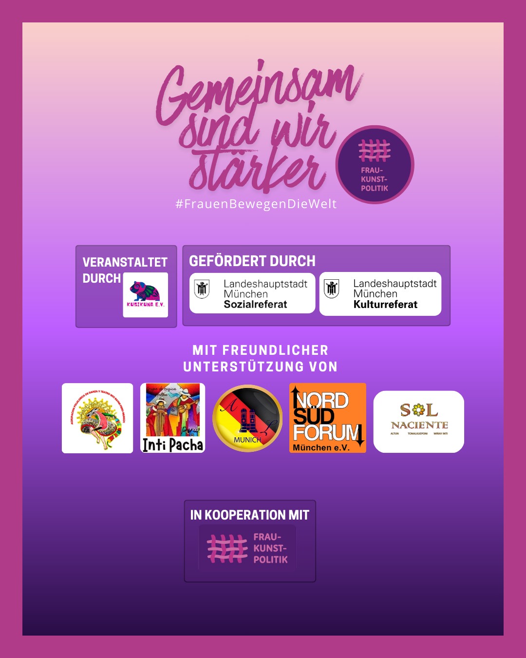 Zweck des Vereins frau-kunst-politik e.V. ist die Förderung der Gleichberechtigung von Frauen und Männern, die Förderung der Kunst und Kultur