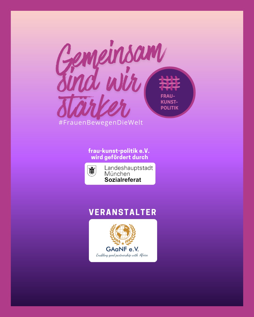 Zweck des Vereins frau-kunst-politik e.V. ist die Förderung der Gleichberechtigung von Frauen und Männern, die Förderung der Kunst und Kultur